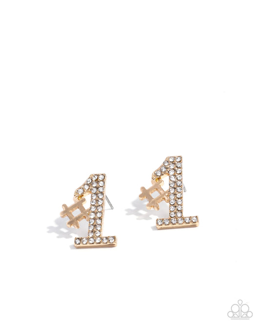 Paparazzi We're Number One, You're Number Two - Gold White Rhinestone #1 Post Earrings E2090