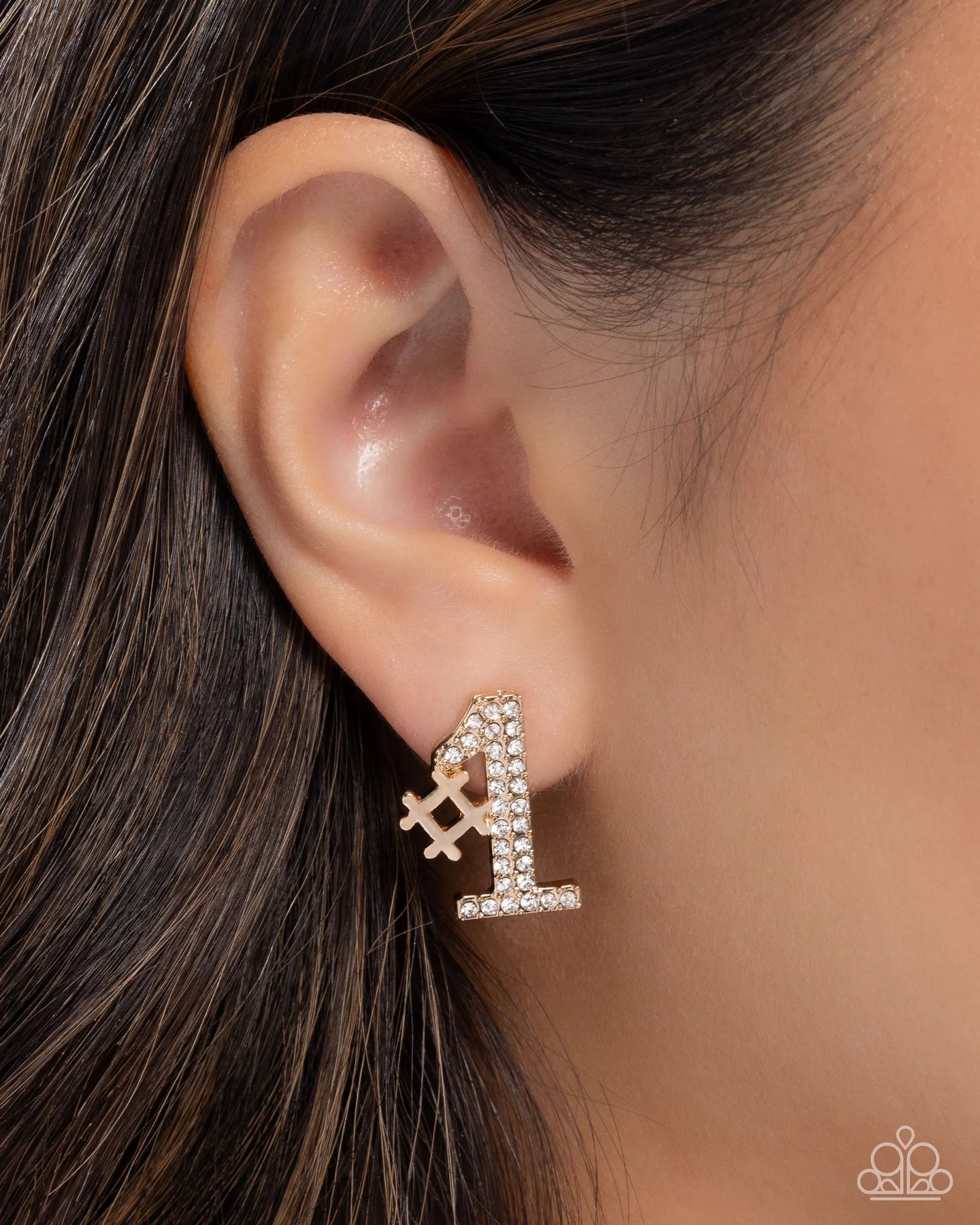 Paparazzi We're Number One, You're Number Two - Gold White Rhinestone #1 Post Earrings E2090