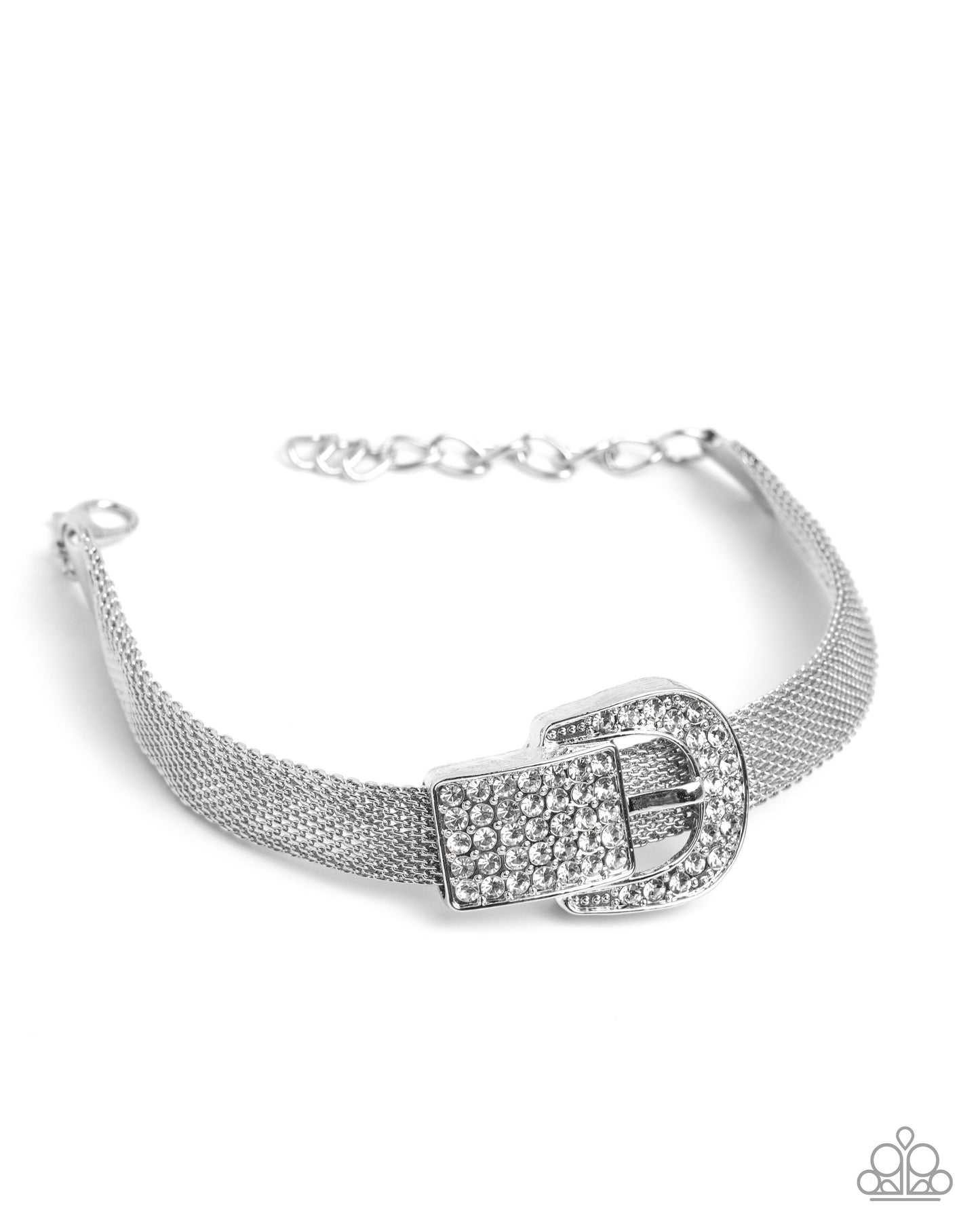 Boldly Buckled - White Rhinestone Belt Loop Accent Bracelet June 2025 Life Of The Party Paparazzi B2330
