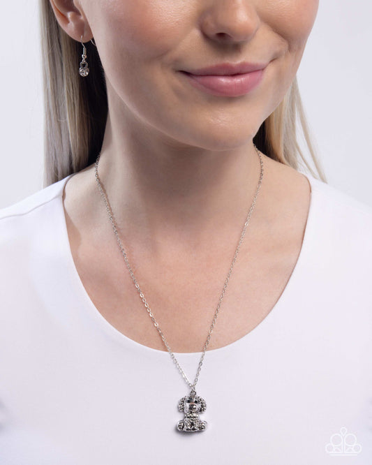 Poodle Pizzazz - White Rhinestone Silver Puppy Dog Pendant Necklace Paparazzi N3096