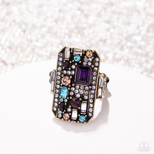 Princess Pattern - Brass Frame, Multicolored Gem & Rhinestone Ring Paparazzi R1068