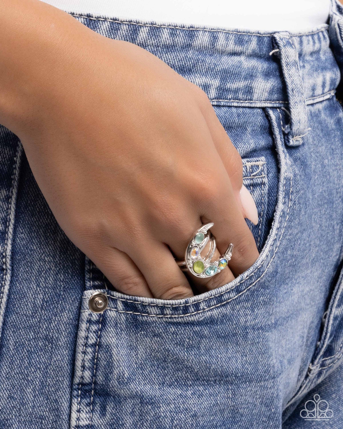 Lunar Leader - Green UV Shimmer Gem, & Blue Gem Crecent Moon Ring Paparazzi