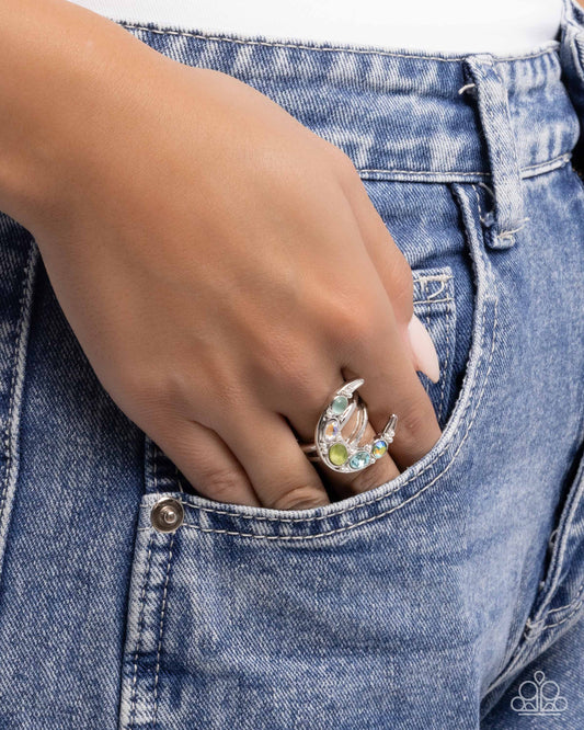 Lunar Leader - Green UV Shimmer Gem, & Blue Gem Crecent Moon Ring Paparazzi