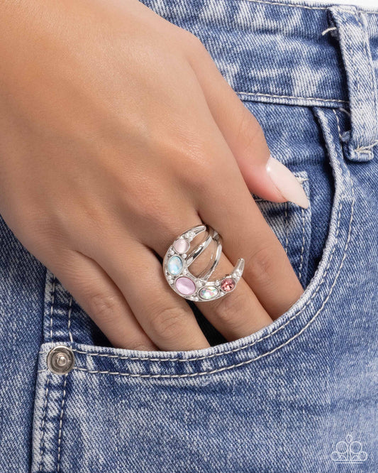 Lunar Leader - Pink Cat's Eye Stone, UV Pink, Opalescent Blue Crescent Moon Ring Paparazzi