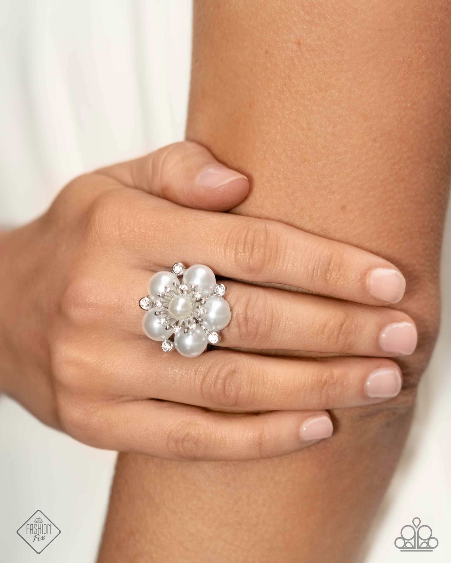 Friendly Flair - White Pearl & Rhinestone Ring April 2025 Fiercely 5th Avenue Fashion Fix Paparazzi R1087