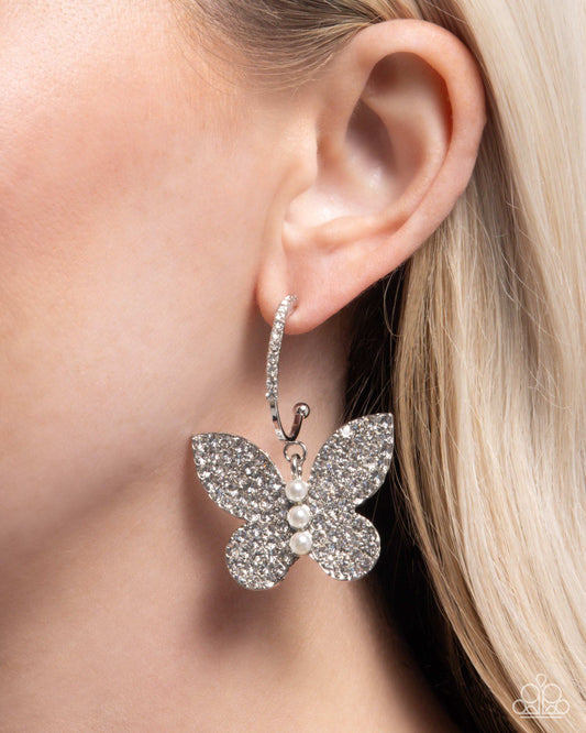 Butterfly Boundary - White Rhinestone Butterfly 1 inch Hoop Earring Paparazzi E3046