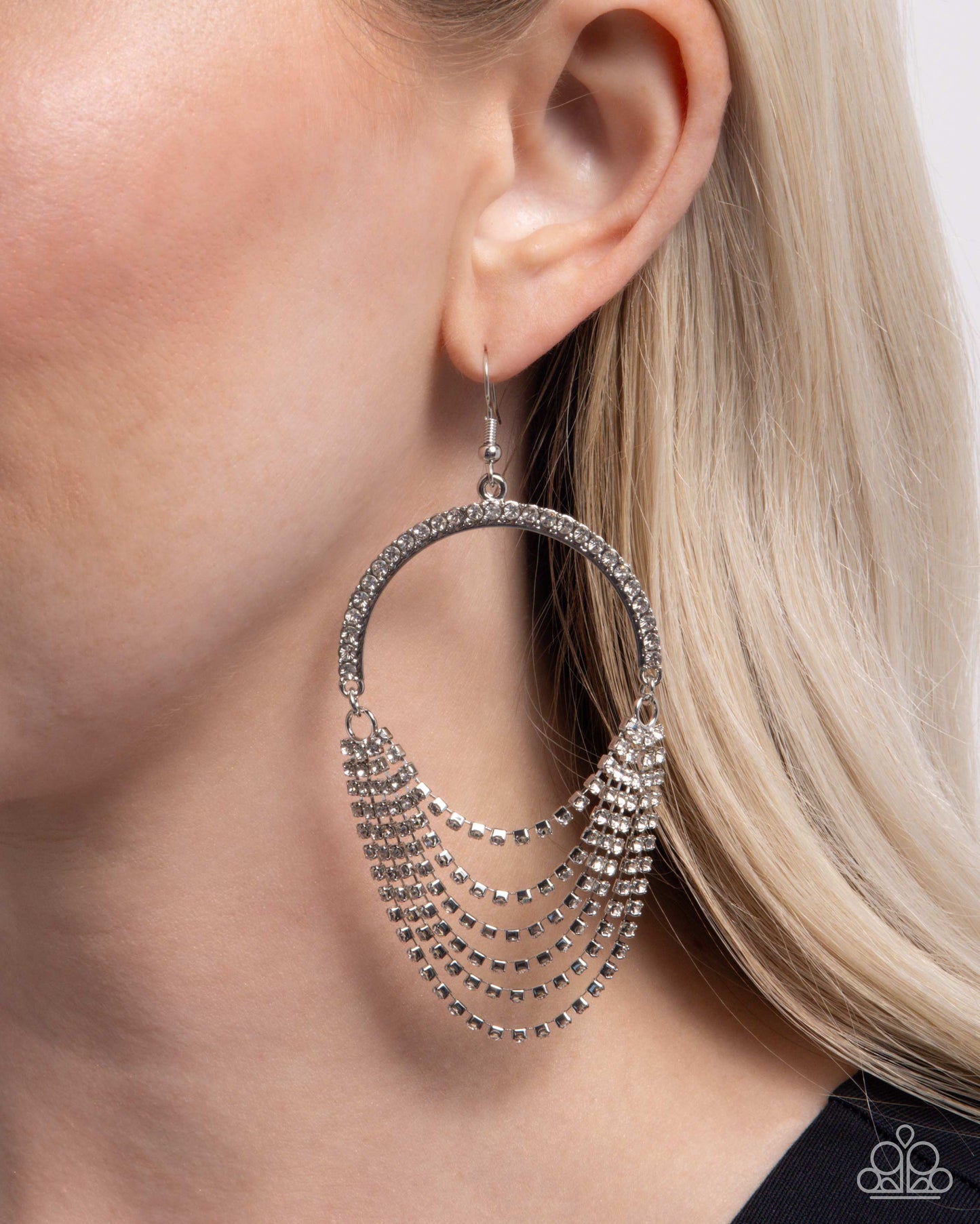 Ostentatious Opulence - White layered Rhinestone Silver Chandelier Earring Paparazzi E2719