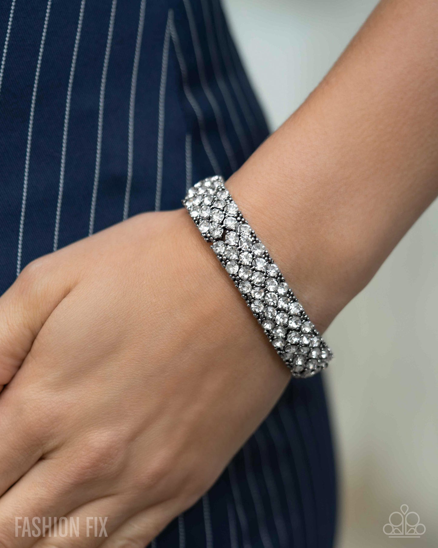 Prismatic Perspective - White Rhinestone Silver Stretch Bracelet Magnificent Musings Fashion Fix May 2025 Paparazzi B2293