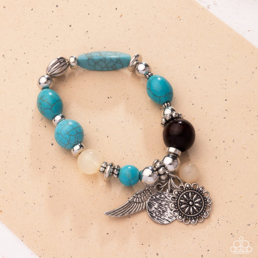 Earthy Eclecticism - Blue Turquoise Stone, Brown Wooden Bead, Silver Charm Bracelet Santa Fe Style Paparazzi B2106