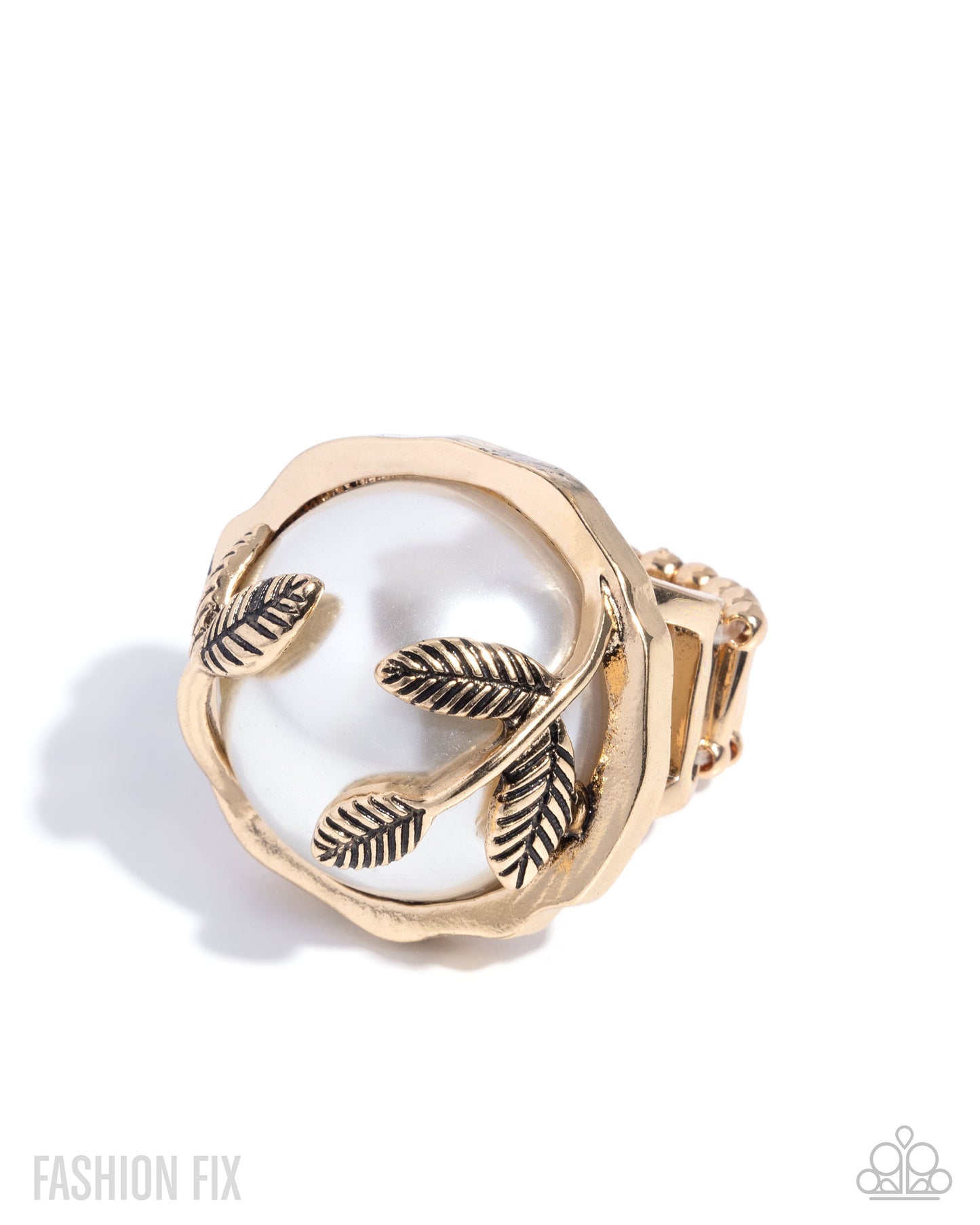 Tea Party Treasure - Gold & White Pearl Bead Oversized Ring Glimpses Of Malibu June 2025 Fashion Fix Paparazzi R1099