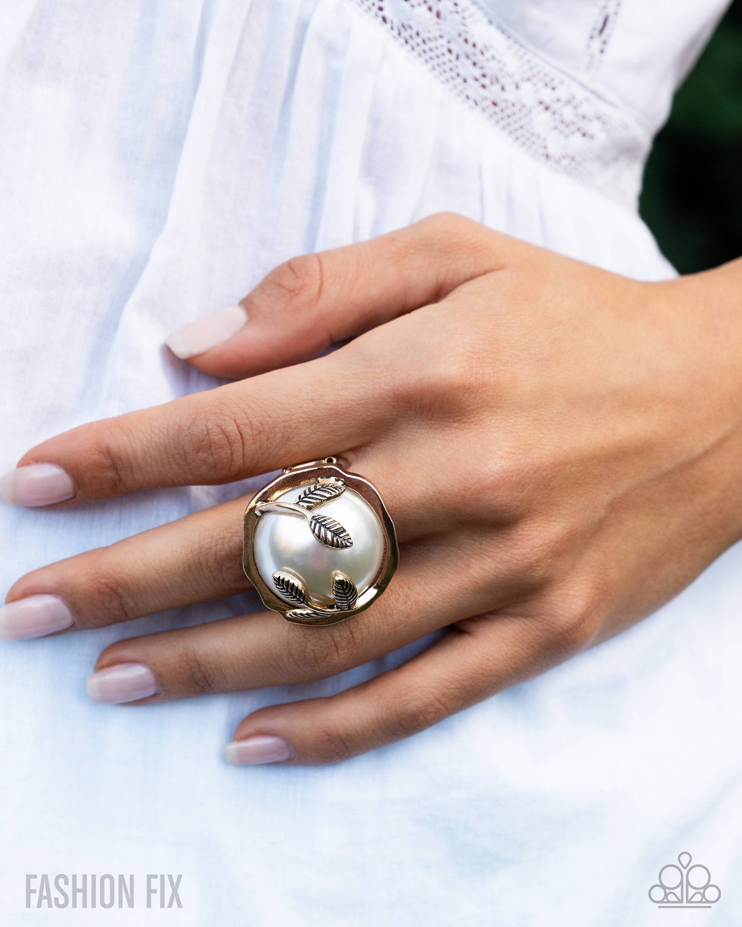 Tea Party Treasure - Gold & White Pearl Bead Oversized Ring Glimpses Of Malibu June 2025 Fashion Fix Paparazzi R1099