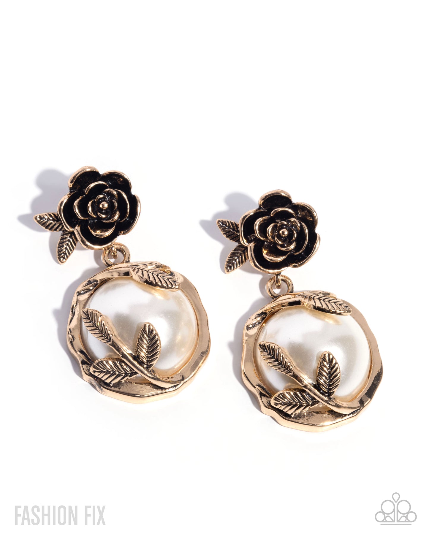 Tasteful Tea Party - Gold - Antiqued Gold Rose White Pearl Earring Glimpses Of Malibu Fashion Fix June 2025 Paparazzi E3001