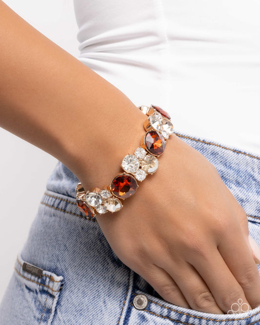 Standout Style - Brown Tea, White, Light Topaz Gem & Gold Stretch Bracelet Paparazzi B2228
