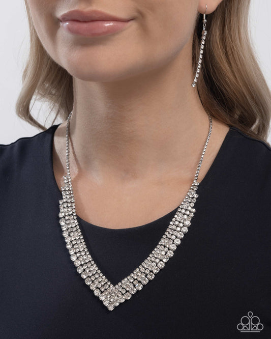Paparazzi Pointed Pizzazz - White Rhinestone V Shaped Shimmer Necklace