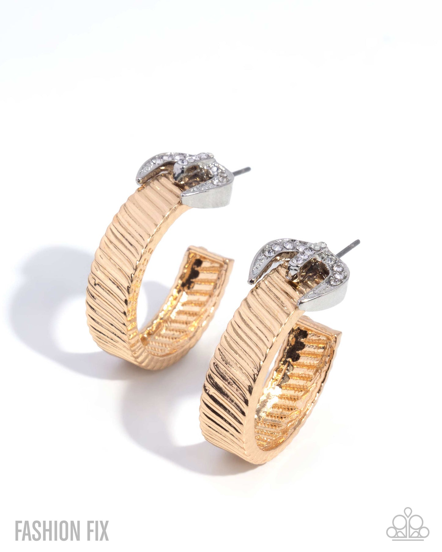 Assured Accent - Gold Silver Belt Buckle White Rhinestone 1 Inch Hoop Earring Magnificent Musings Fashion Fix June 2025 Paparazzi E2927
