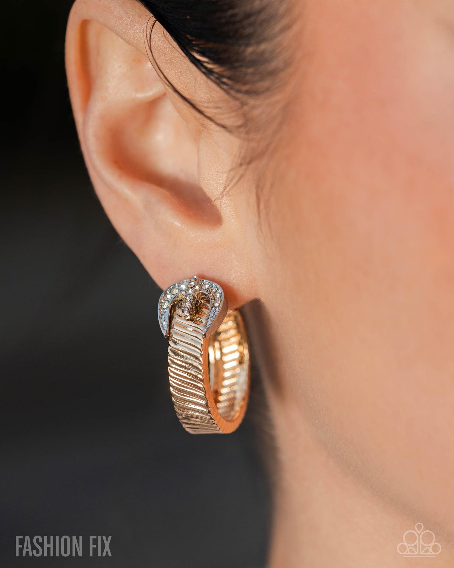 Assured Accent - Gold Silver Belt Buckle White Rhinestone 1 Inch Hoop Earring Magnificent Musings Fashion Fix June 2025 Paparazzi E2927