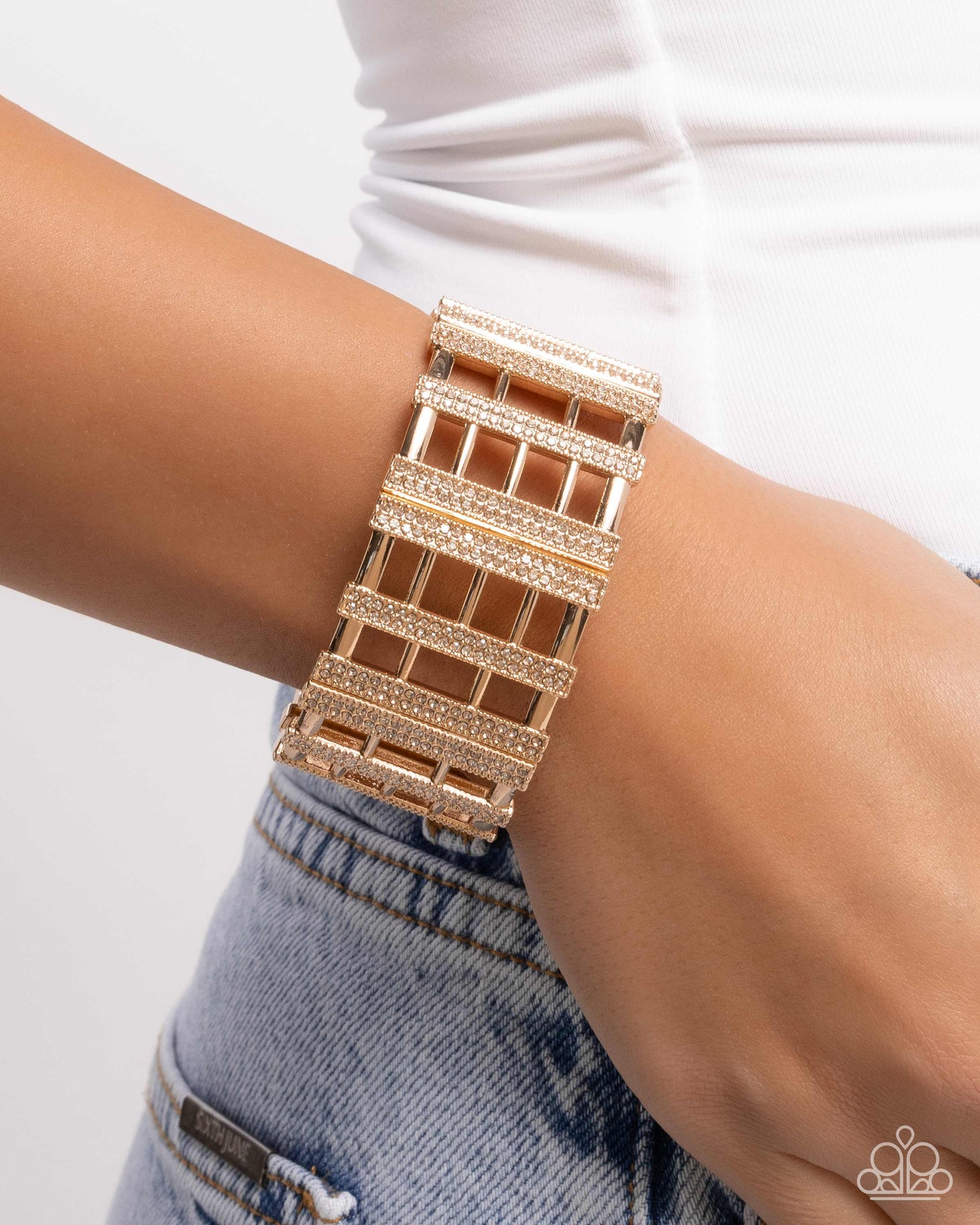 Vertical Vanity - Gold & White Rhinestone Stretch Bracelet Paparazzi