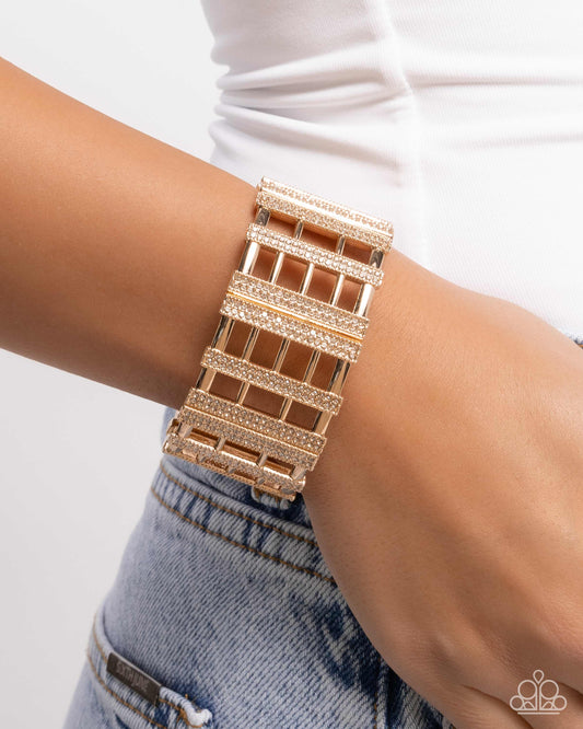 Vertical Vanity - Gold & White Rhinestone Stretch Bracelet Paparazzi