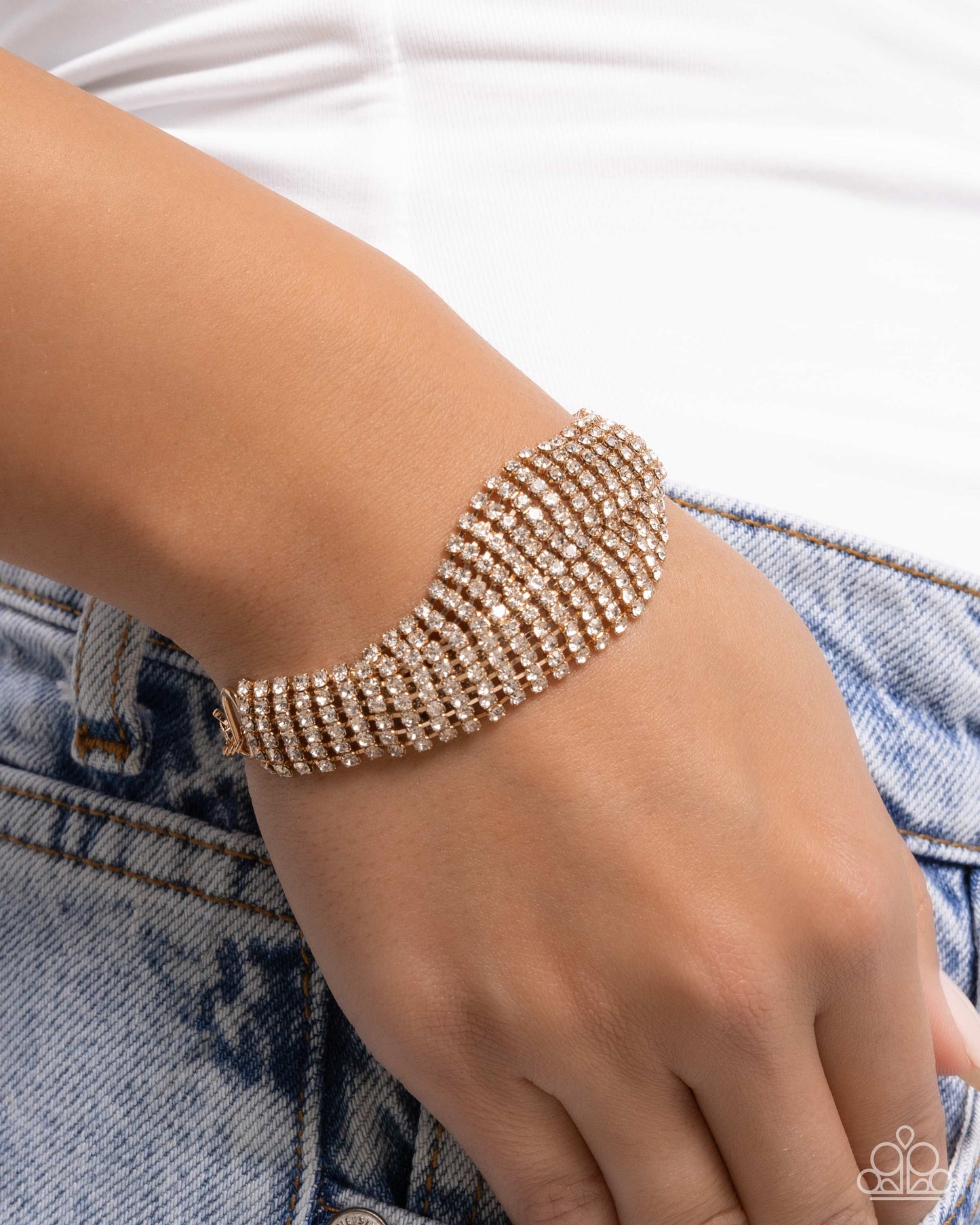 Trustworthy Twist - Gold Chains & White Sparkling Rhinestone Clasp Bracelet Paparazzi B2148