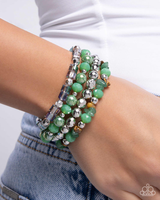 Supervisory Stack - Green Jade, Tigers Eye Pebble, Green Iridescent Stretch Set of 4 Bracelet Paparazzi B2328