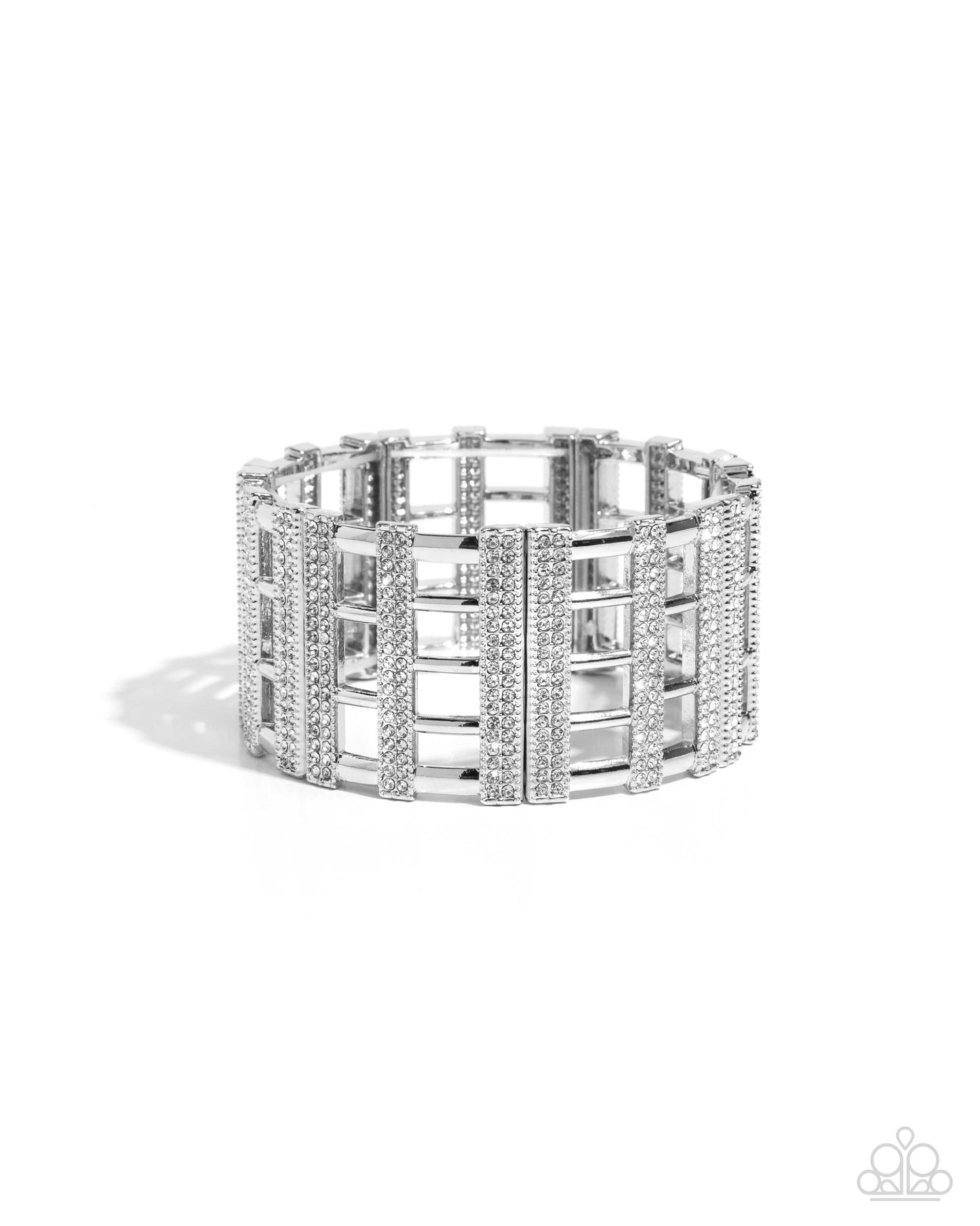 Vertical Vanity - White Rhinestone Silver Statement Stretch Bracelet Paparazzi B2061