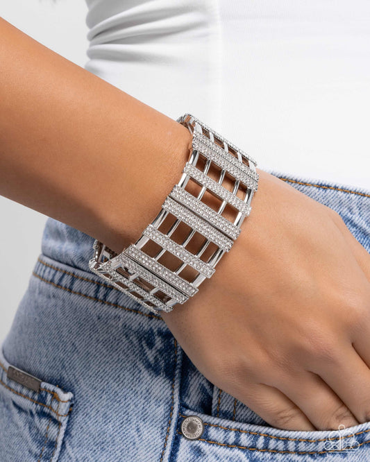 Vertical Vanity - White Rhinestone Silver Statement Stretch Bracelet Paparazzi B2061