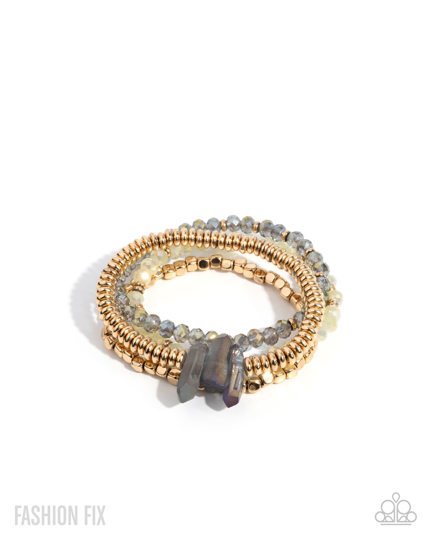 Principal Panoply - Multi Gold, UV Gray & White Beads Set of 4 Stretch Bracelets Sunset Sightings May 2025 Fashion Fix Paparazzi B2319