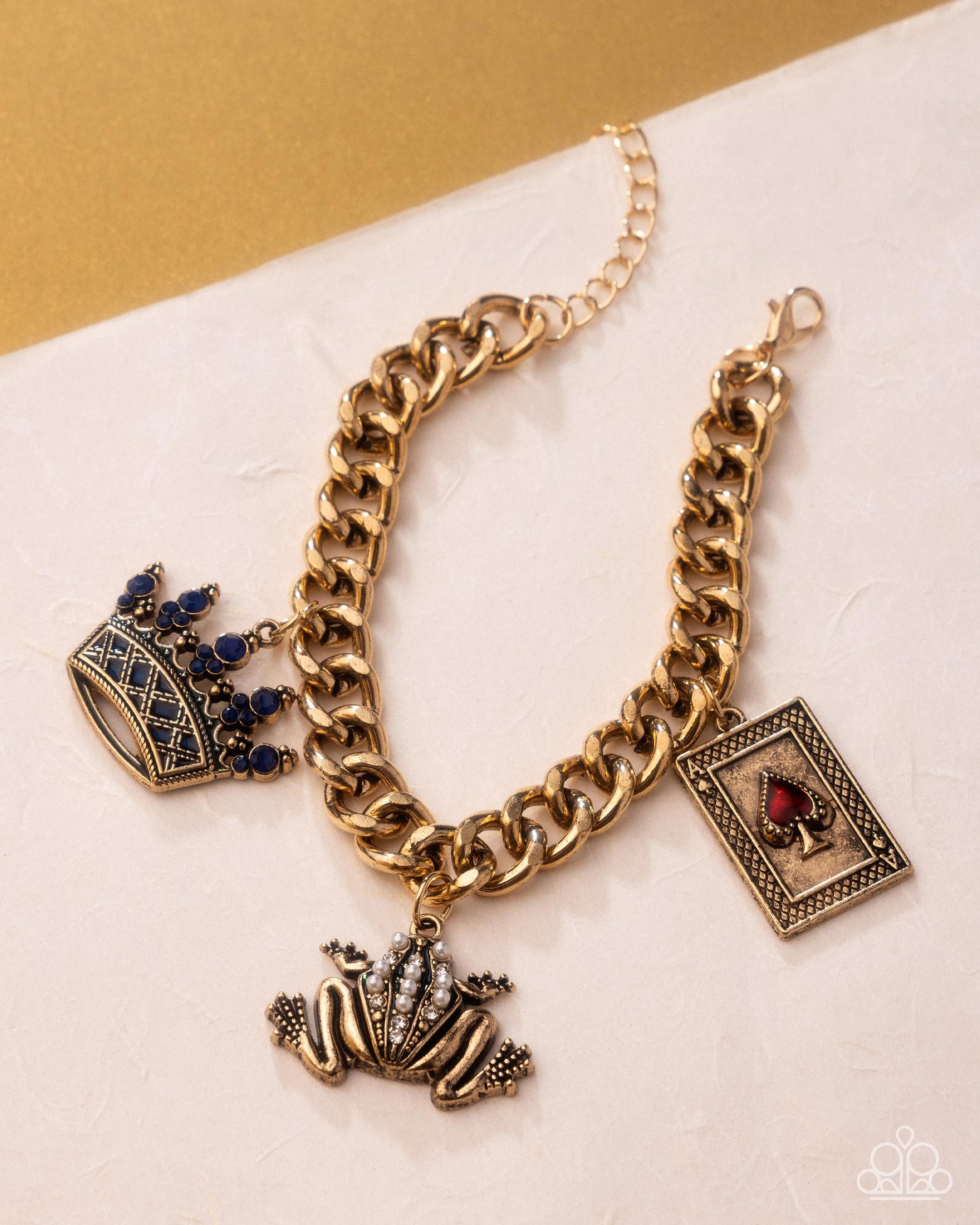 Casino Chic - Multi Gold Chunky Chain Charm Style Crown, Frog & Spade Bracelet Paparazzi B2310
