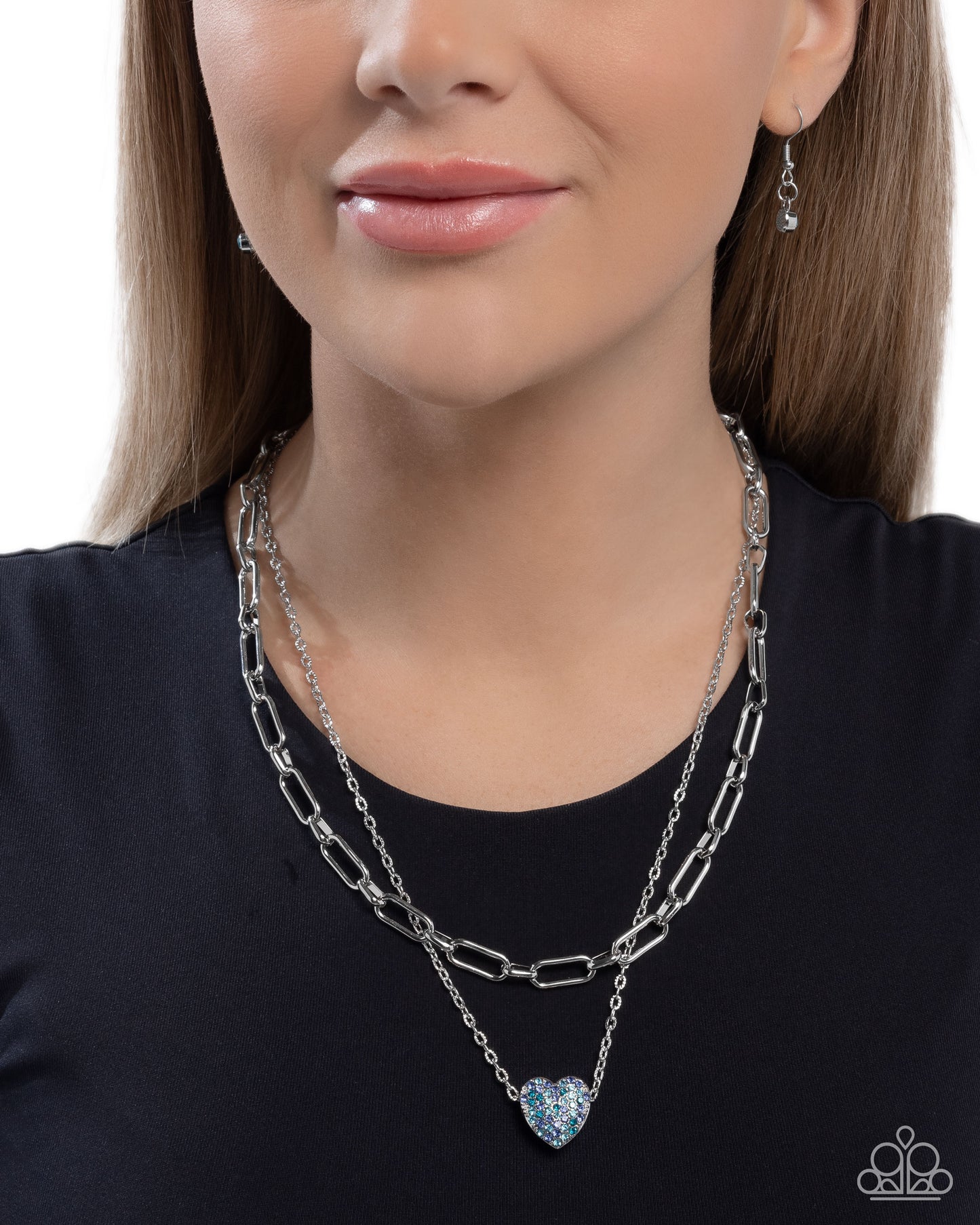 Paparazzi Electric Energy - Blue Rhinestone Heart Pendant Layered Silver Necklace