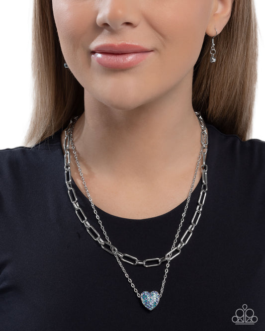 Paparazzi Electric Energy - Blue Rhinestone Heart Pendant Layered Silver Necklace