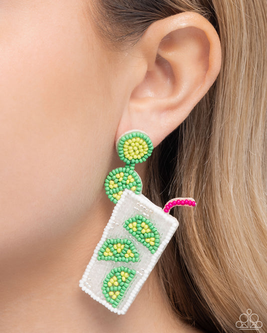 Lavish Limes - Green Vibrant, Yellow Seed Bead Lime Slices & White Cocktail Inspired Design Earring Paparazzi E2866