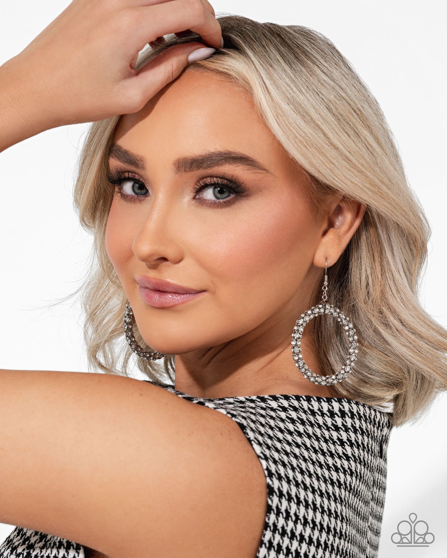 Breathtaking Beacon - White Rhinestone Glittery Hoop Earring April 2025 Life Of The Party Paparazzi E2708