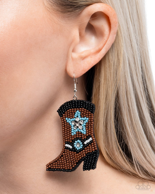 Beaded Boot - Brown, Black, Blue Turquoise Seed Bead Cowboy Boot Earring Santa Fe Style Paparazzi