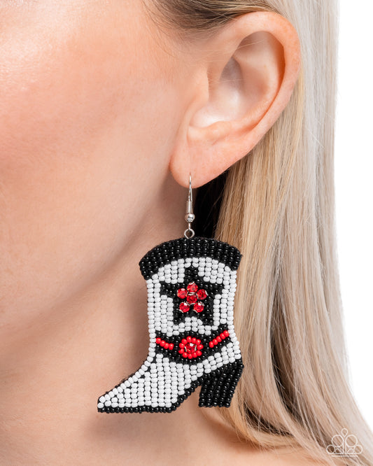 Beaded Boot - Multicolor White, Black, Red Seed Bead Western Themed Cowboy Boot Santa Fe Style Earring Paparazzi E2841