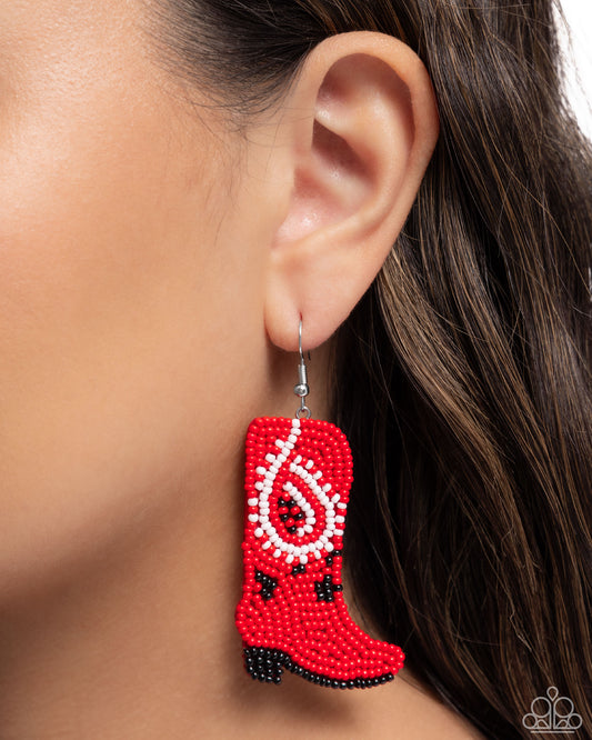 Western Webbing - Red, White, Black Seed Bead Cowboy Boot Earring Santa Fe Style Paparazzi E2879