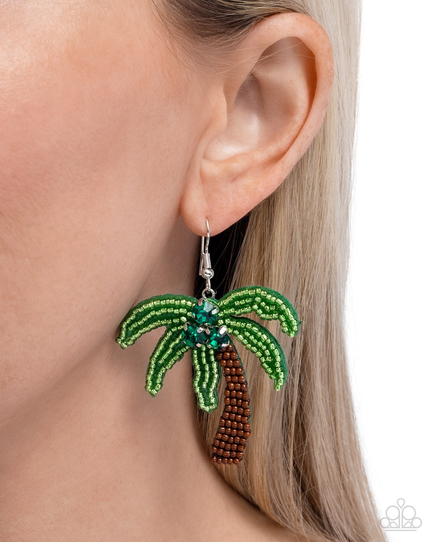 Pampered Palm Tree - Green Palm Leaves & Brown Tree Trunk Seed Bead Earring Paparazzi E3033