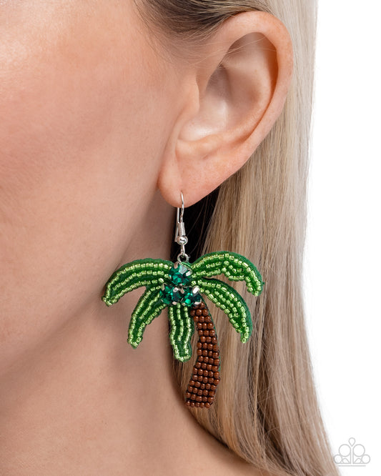 Pampered Palm Tree - Green Palm Leaves & Brown Tree Trunk Seed Bead Earring Paparazzi E3033