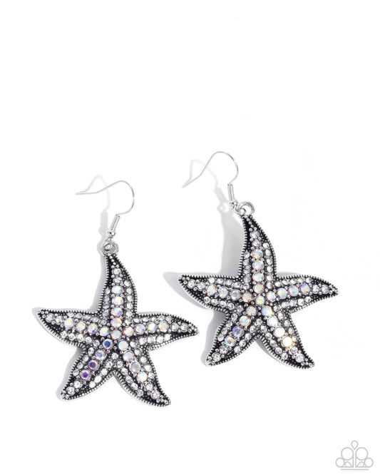 Starfish Spectacle - White Iridescent & Rhinestone Starfish Earring Paparazzi E2664