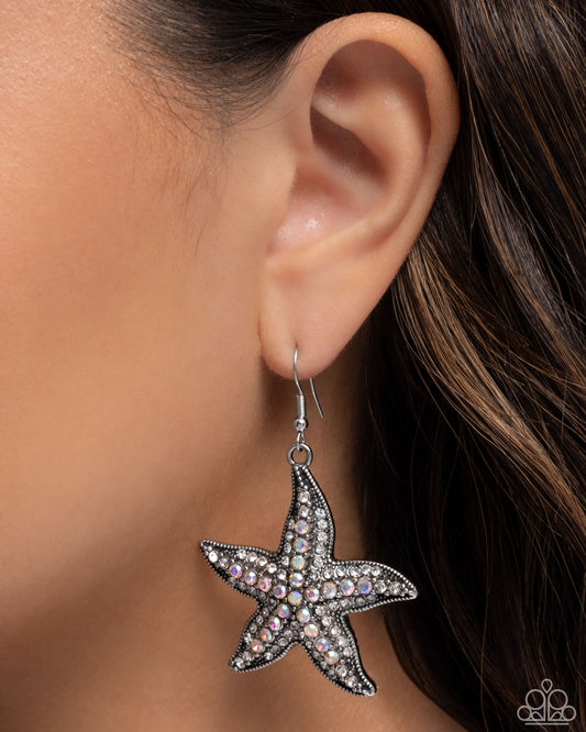 Starfish Spectacle - White Iridescent & Rhinestone Starfish Earring Paparazzi E2664