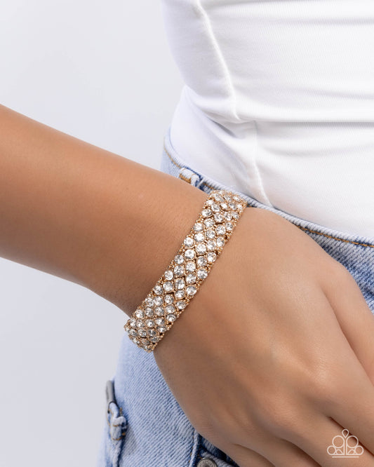 Prismatic Perspective - Gold & White Rhinestone Stretch Bracelet Paparazzi B2348