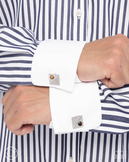 Some Serious Studs - Brown Tiger's Eye Stone Silver Rustic Cuff Links Paparazzi