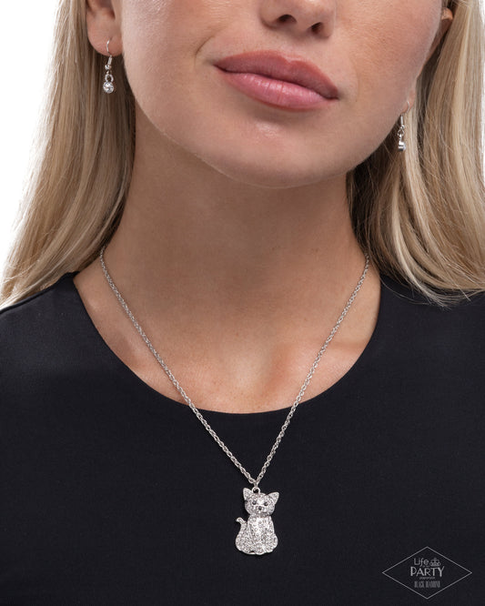 Paparazzi Cat Call - White Rhinestone Silver Cat Necklace Life Of The Party Black Diamond Encore N4006