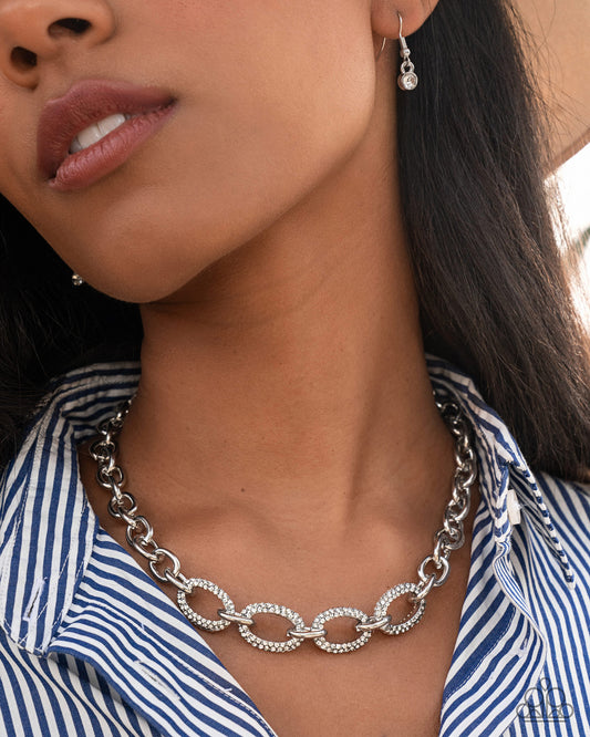 Boogie Bling - White Rhinestone Silver Oversized Link Necklace Paparazzi N3233