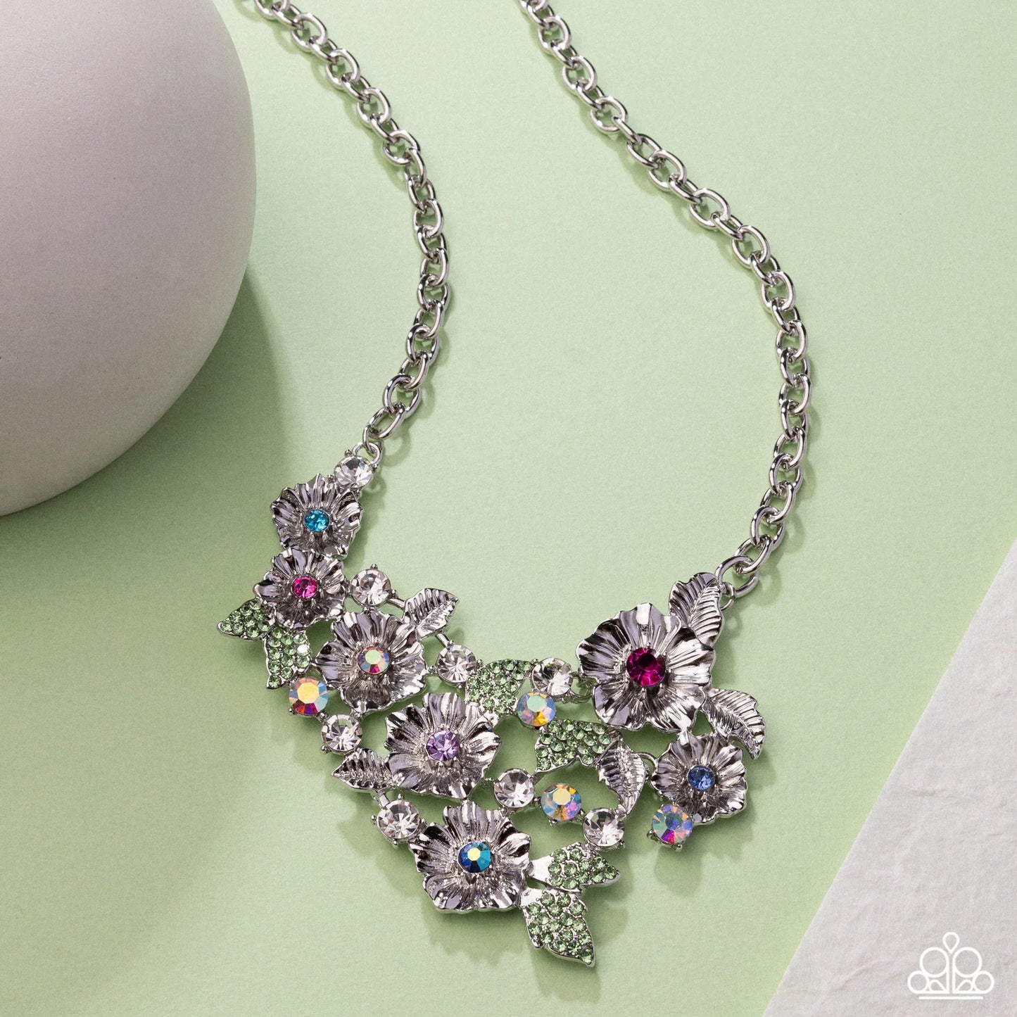 Head-Turning Haute Multicolored Gem Silver Flower Necklace Life Of The Party June 2025 Paparazzi N3490