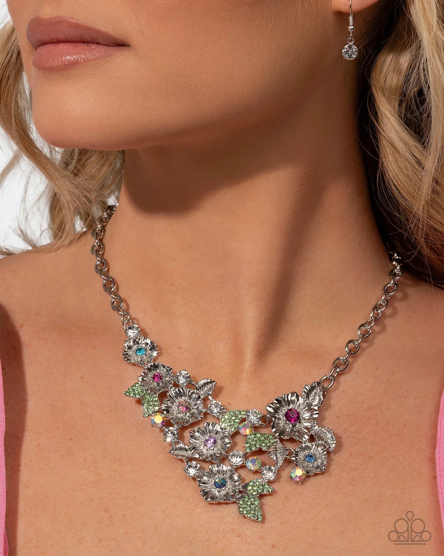 Head-Turning Haute Multicolored Gem Silver Flower Necklace Life Of The Party June 2025 Paparazzi N3490