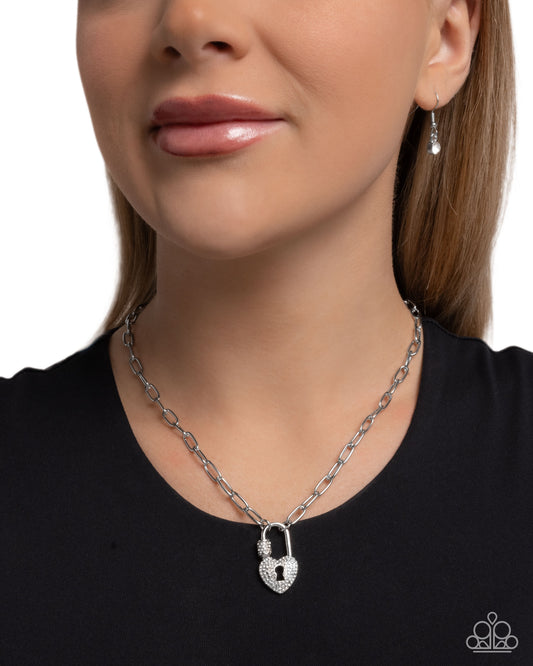 Padlock Potential - White Rhinestone Silver Padlock Necklace Paparazzi