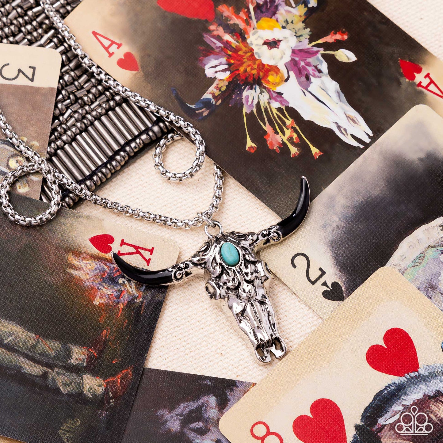 Longhorn Legacy - Black Painted Horns, Blue Turquoise Stone Silver Bull Skull Santa Fe Style Pendant Necklace Paparazzi N3337