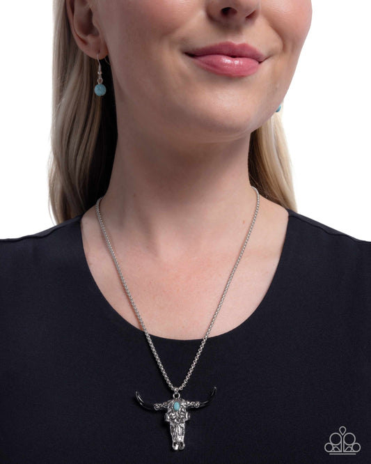 Longhorn Legacy - Black Painted Horns, Blue Turquoise Stone Silver Bull Skull Santa Fe Style Pendant Necklace Paparazzi N3337