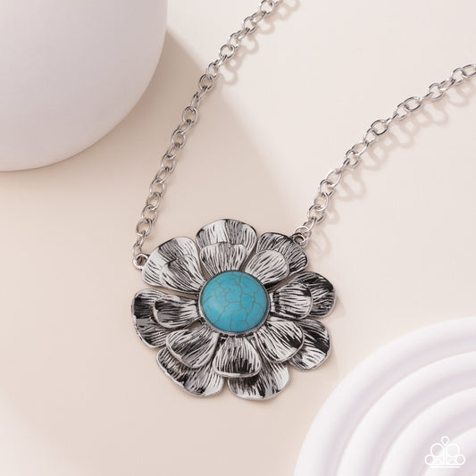 Paparazzi Floral Form - Blue Turquoise Stone Silver Flower Pendant Necklace N3279
