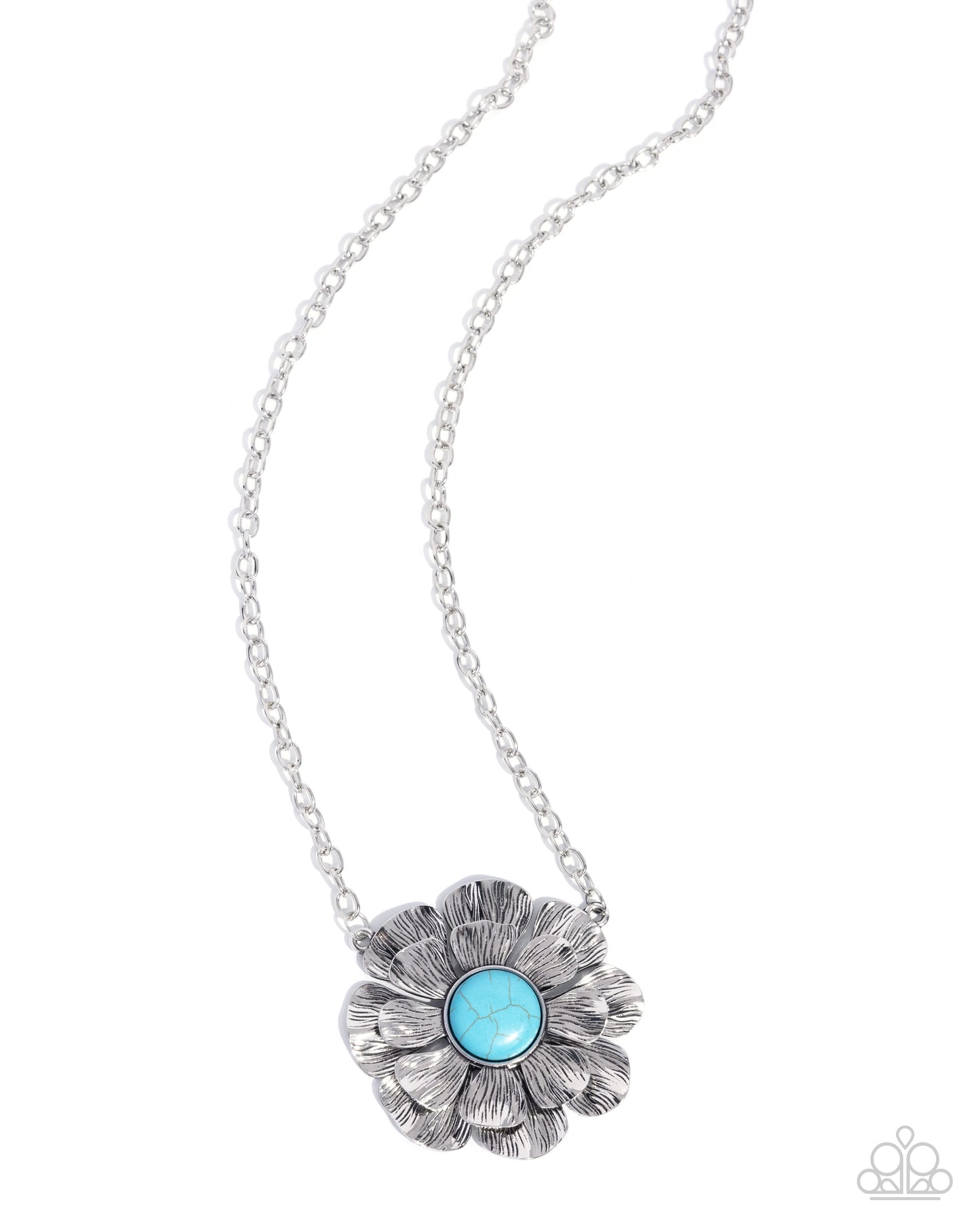 Paparazzi Floral Form - Blue Turquoise Stone Silver Flower Pendant Necklace N3279